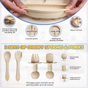 HippoBaby Baby Led Weaning Supplies | 10 Piece Silicone Feeding Set | Baby Toddler Bib Cup Divided Plate and Bowl Self Feeding Spoons Dish Set | Baby Utensils | Toddler Feeding Supplies (Beige)