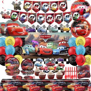 cars birthday party supplies, lightning mcqueen birthday party supplies decorations include banner, foil balloons, tablecloth, plates, backdrop and forks for kids