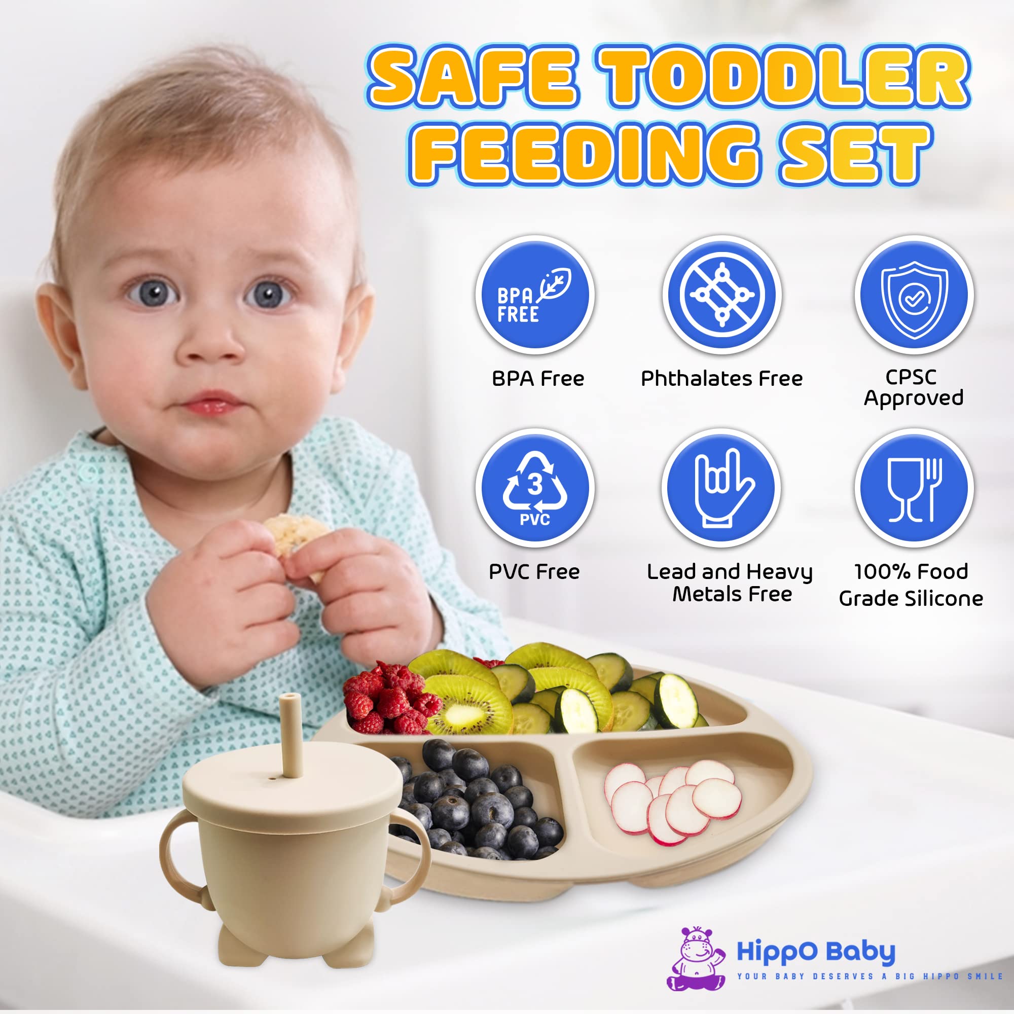 HippoBaby Baby Led Weaning Supplies | 10 Piece Silicone Feeding Set | Baby Toddler Bib Cup Divided Plate and Bowl Self Feeding Spoons Dish Set | Baby Utensils | Toddler Feeding Supplies (Beige)