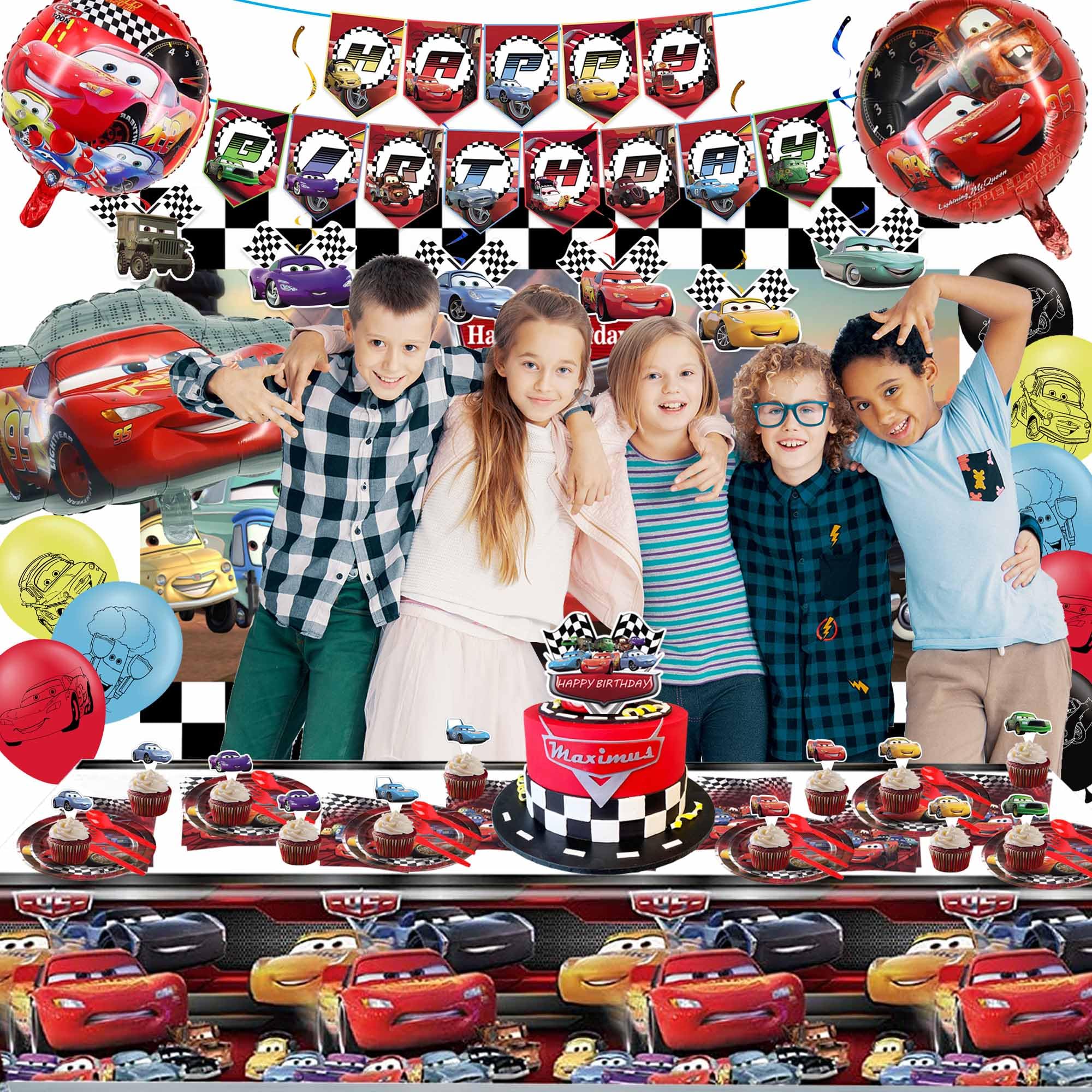 Cars Birthday Party Supplies, Lightning McQueen Birthday Party Supplies Decorations Include Banner, Foil Balloons, Tablecloth, Plates, Backdrop and Forks for Kids