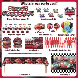 Cars Birthday Party Supplies, Lightning McQueen Birthday Party Supplies Decorations Include Banner, Foil Balloons, Tablecloth, Plates, Backdrop and Forks for Kids