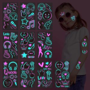 konsait glow in the dark temporary tattoos for kids adults,10 sheet neon music party body face tattoos waterproof fake tattoos stickers for boys girls women birthday gifts glow party favor supplies