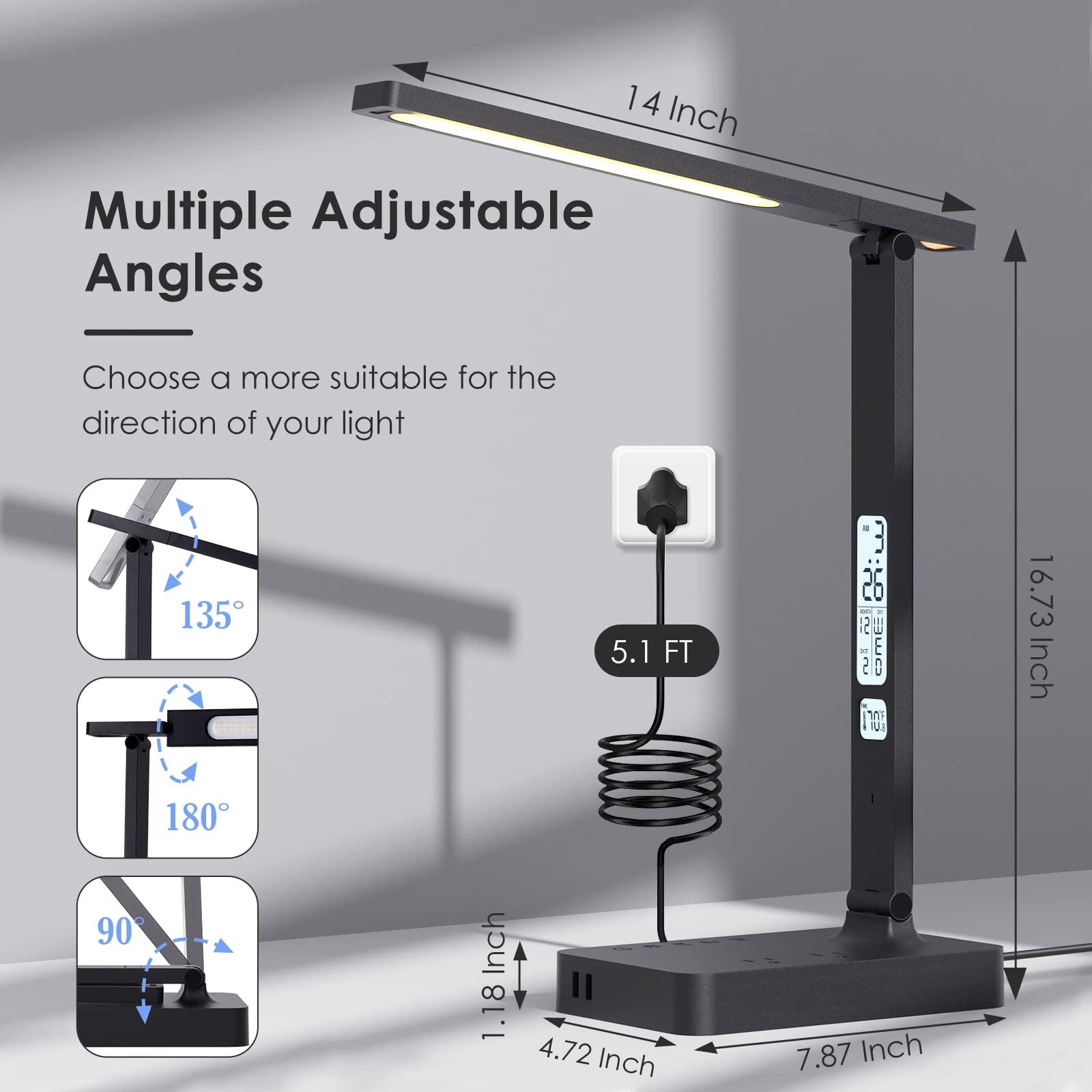 LED Desk Lamp with 2 USB Charging Ports & 2 AC Power Outlets, Desk Lamps for Home Office with Night Light & 5 Color & 5 Brightness, Touch Control Timer Desk Light with Clock, Alarm, Date, Temperature