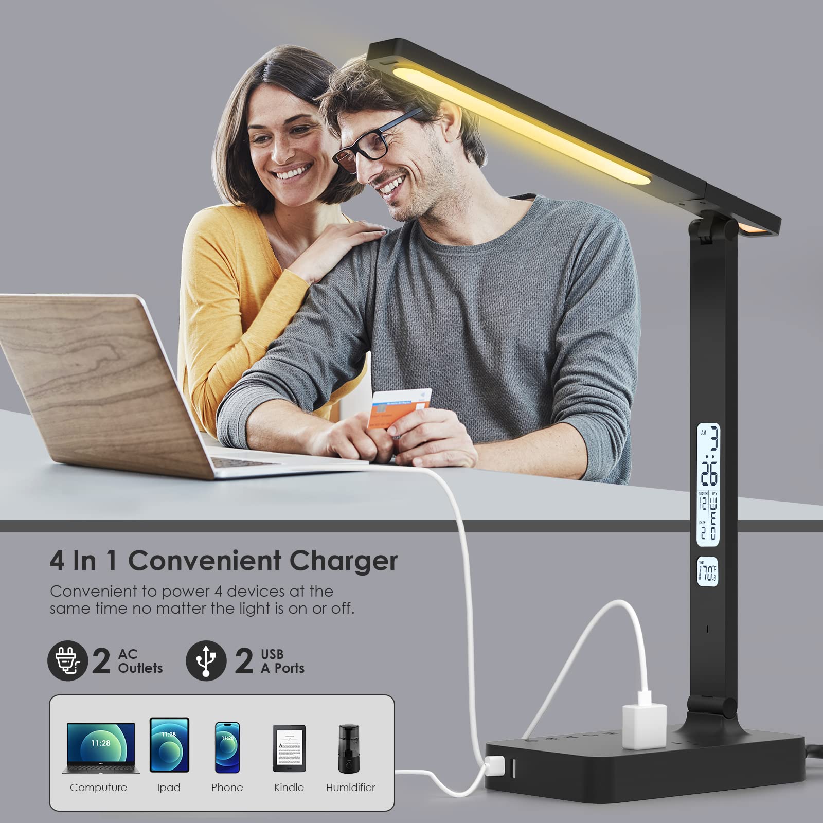 LED Desk Lamp with 2 USB Charging Ports & 2 AC Power Outlets, Desk Lamps for Home Office with Night Light & 5 Color & 5 Brightness, Touch Control Timer Desk Light with Clock, Alarm, Date, Temperature