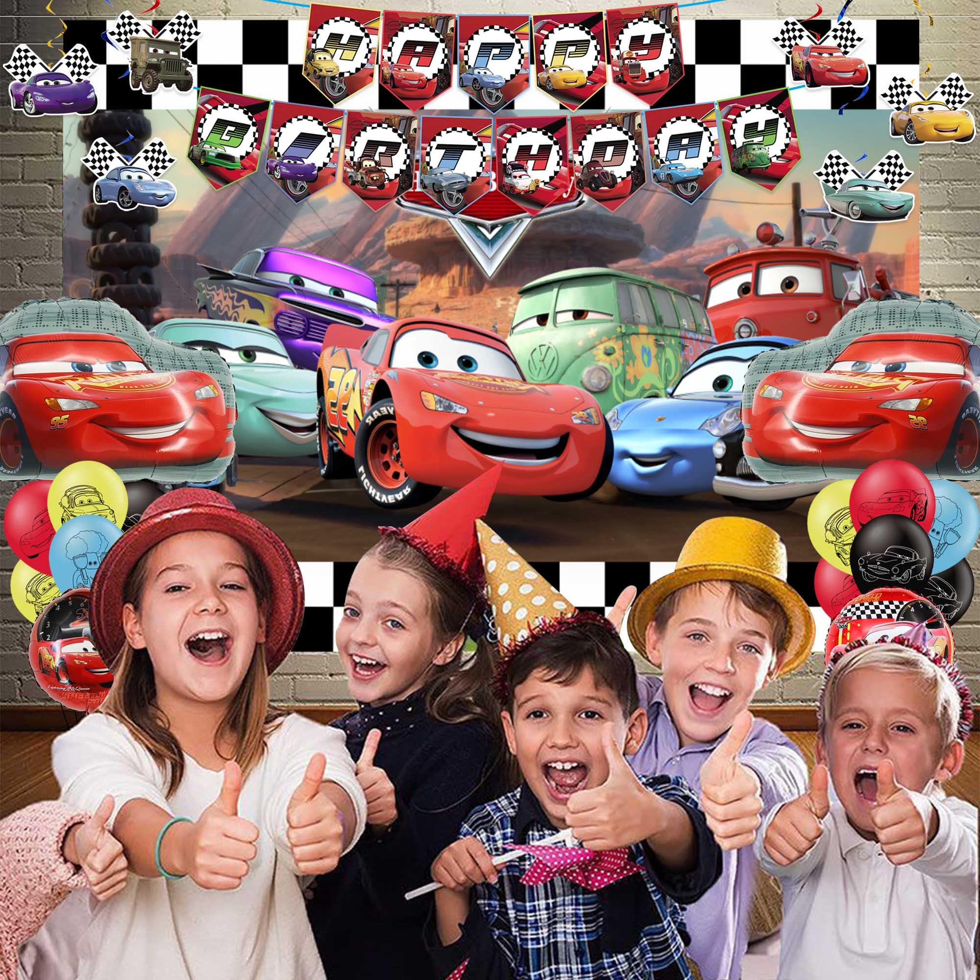 Cars Birthday Party Supplies, Lightning McQueen Birthday Party Supplies Include Banner, Foil Balloons, Backdrop, Cupcake Toppers for Lightning McQueen Cars Birthday Party Favor