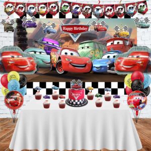 Cars Birthday Party Supplies, Lightning McQueen Birthday Party Supplies Include Banner, Foil Balloons, Backdrop, Cupcake Toppers for Lightning McQueen Cars Birthday Party Favor