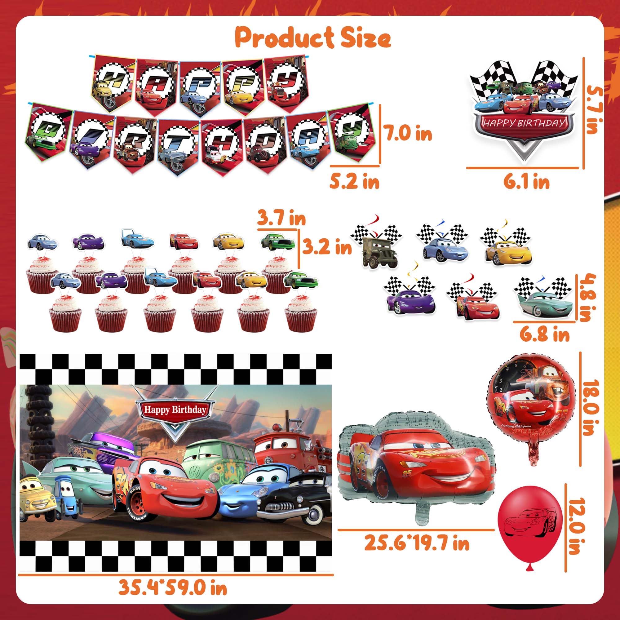 Cars Birthday Party Supplies, Lightning McQueen Birthday Party Supplies Include Banner, Foil Balloons, Backdrop, Cupcake Toppers for Lightning McQueen Cars Birthday Party Favor