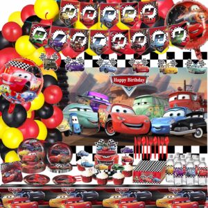 cars birthday party supplies, lightning mcqueen birthday decorations include banner, balloons arch, backdrop, tablecloth, bottle labels, chocolate stickers, cupcake toppers for cars theme party