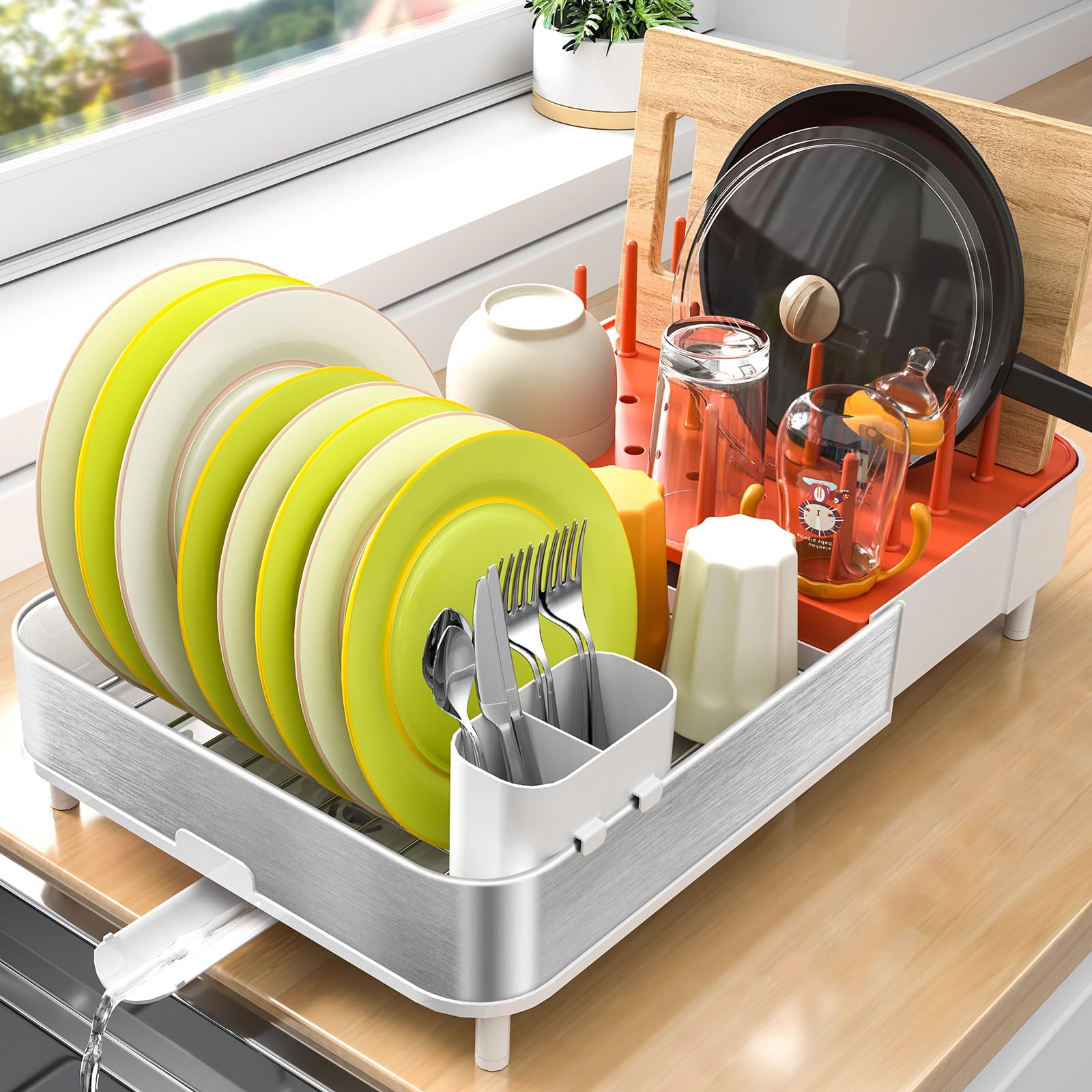 TOOLF Dish Rack, Extendable Dish Drainer, Modern Dish Drying Rack 2 in 1 Design. Expandable Drain Board in Sink, Stainless Steel Dish Racks for Kitchen Counter Utensils,Plates,Pans,Pots Organizer