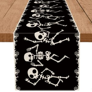 Halloween Table Runner Skeleton Dancing Funny Black Linen Seasonal Halloween Theme Decorations Home Kitchen Dining Party Decor 13 x 72 Inch