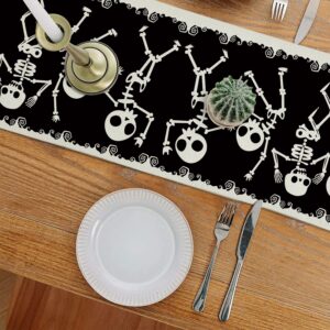 Halloween Table Runner Skeleton Dancing Funny Black Linen Seasonal Halloween Theme Decorations Home Kitchen Dining Party Decor 13 x 72 Inch