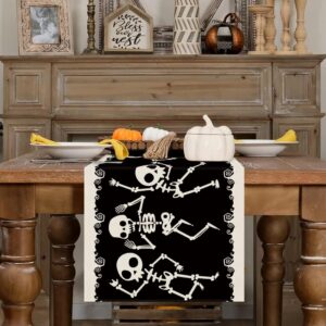 Halloween Table Runner Skeleton Dancing Funny Black Linen Seasonal Halloween Theme Decorations Home Kitchen Dining Party Decor 13 x 72 Inch