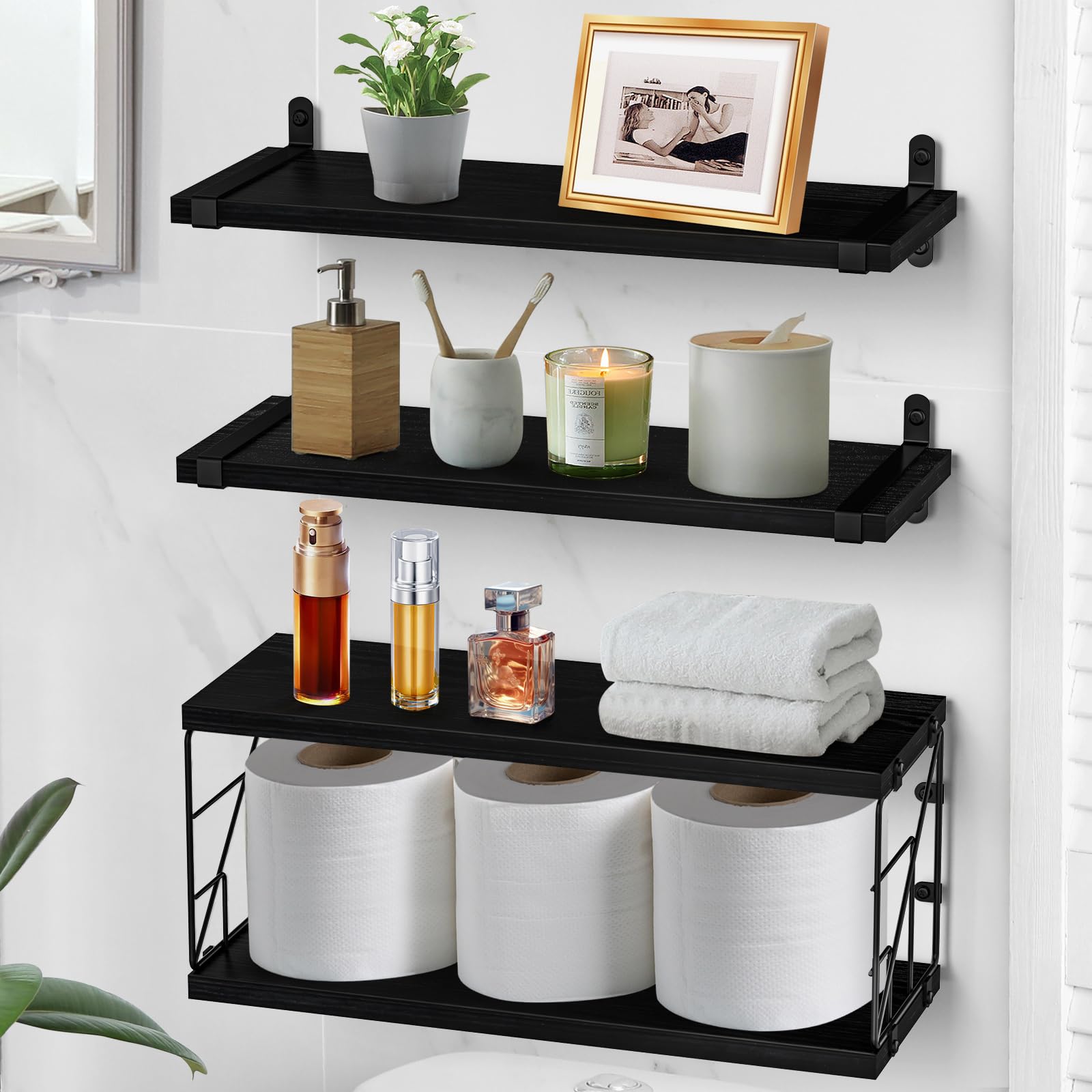 TJ.MOREE Bathroom Shelves Over Toilet Floating Shelves for Wall Rustic with Toilet Paper Wire Basket, Farmhouse Floating Shelf for Bedroom, Living Room, Kitchen, Wall Decoration (Black)