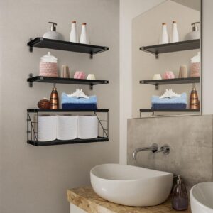 TJ.MOREE Bathroom Shelves Over Toilet Floating Shelves for Wall Rustic with Toilet Paper Wire Basket, Farmhouse Floating Shelf for Bedroom, Living Room, Kitchen, Wall Decoration (Black)