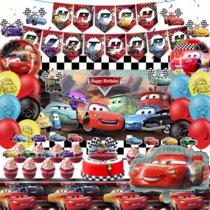 cars birthday party supplies, lightning mcqueen cars birthday decorations include birthday banner, foil balloons, backdrop, tablecloth, cupcake toppers for boys girls