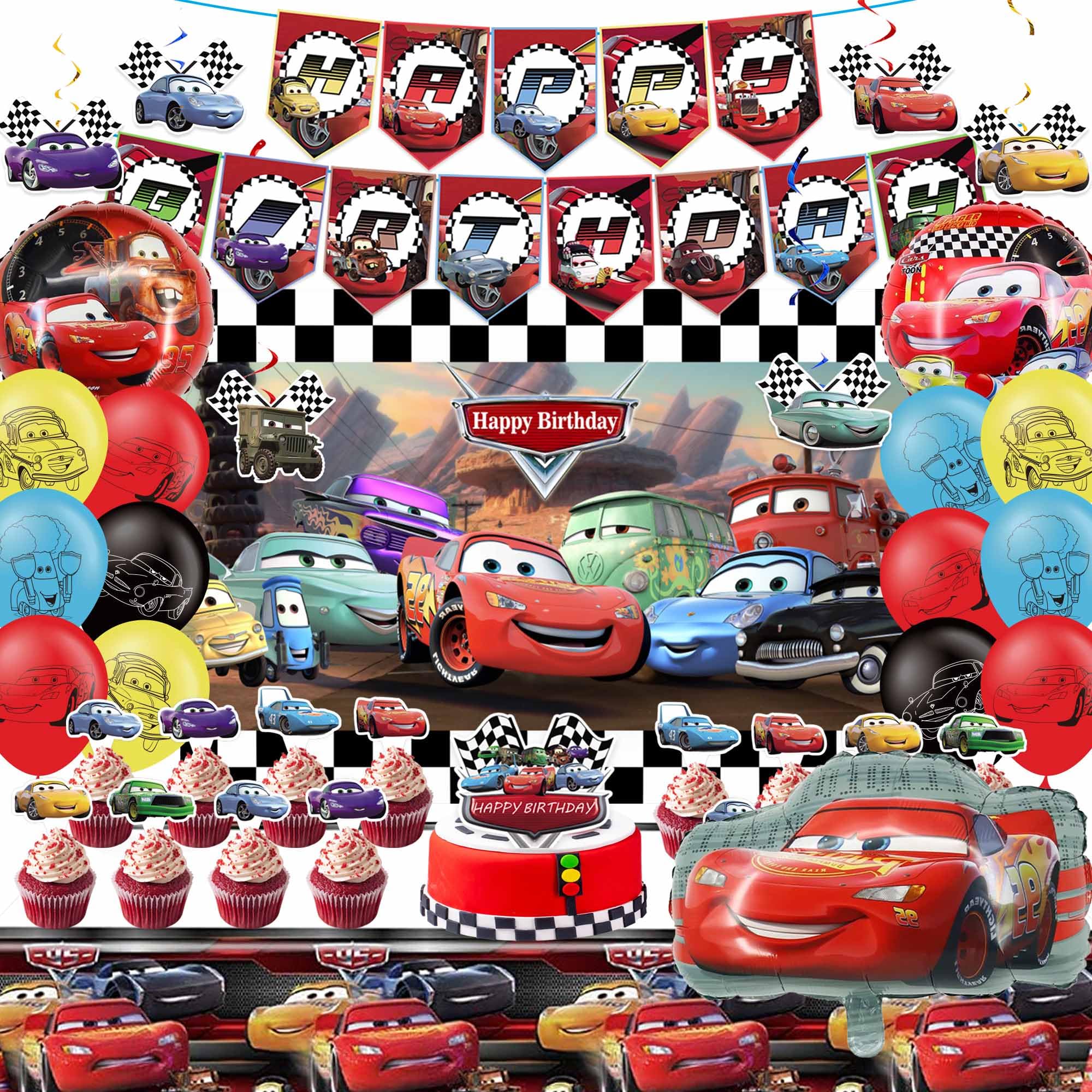 Cars Birthday Party Supplies, Lightning McQueen Cars Birthday Decorations Include Birthday Banner, Foil Balloons, Backdrop, Tablecloth, Cupcake Toppers for Boys Girls