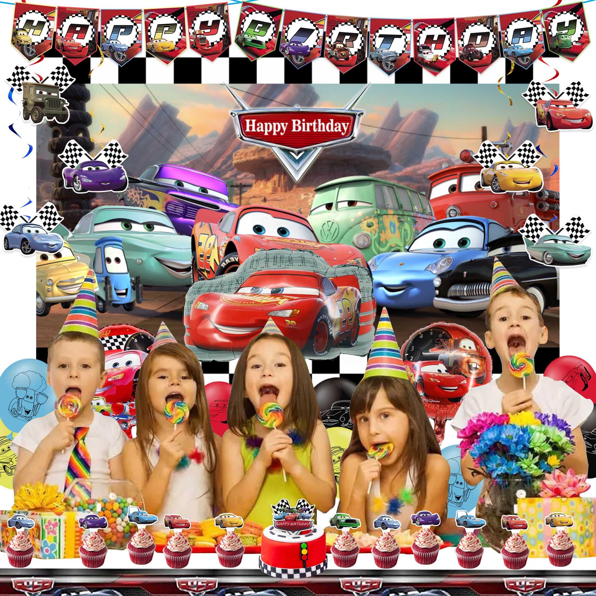 Cars Birthday Party Supplies, Lightning McQueen Cars Birthday Decorations Include Birthday Banner, Foil Balloons, Backdrop, Tablecloth, Cupcake Toppers for Boys Girls
