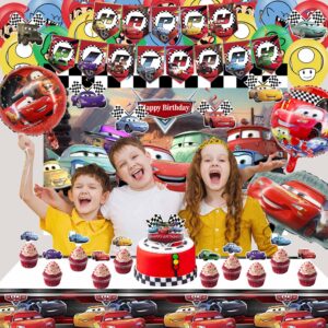 Cars Birthday Party Supplies, Lightning McQueen Cars Birthday Decorations Include Birthday Banner, Foil Balloons, Backdrop, Tablecloth, Cupcake Toppers for Boys Girls