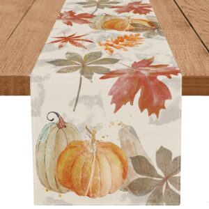 Fall Table Runner Pumpkin Maple Leaf Watercolor Vintage Table Runners Seasonal Autumn Thanksgiving Harvest Home Kitchen Dining Party Decorations 13x72 Inch