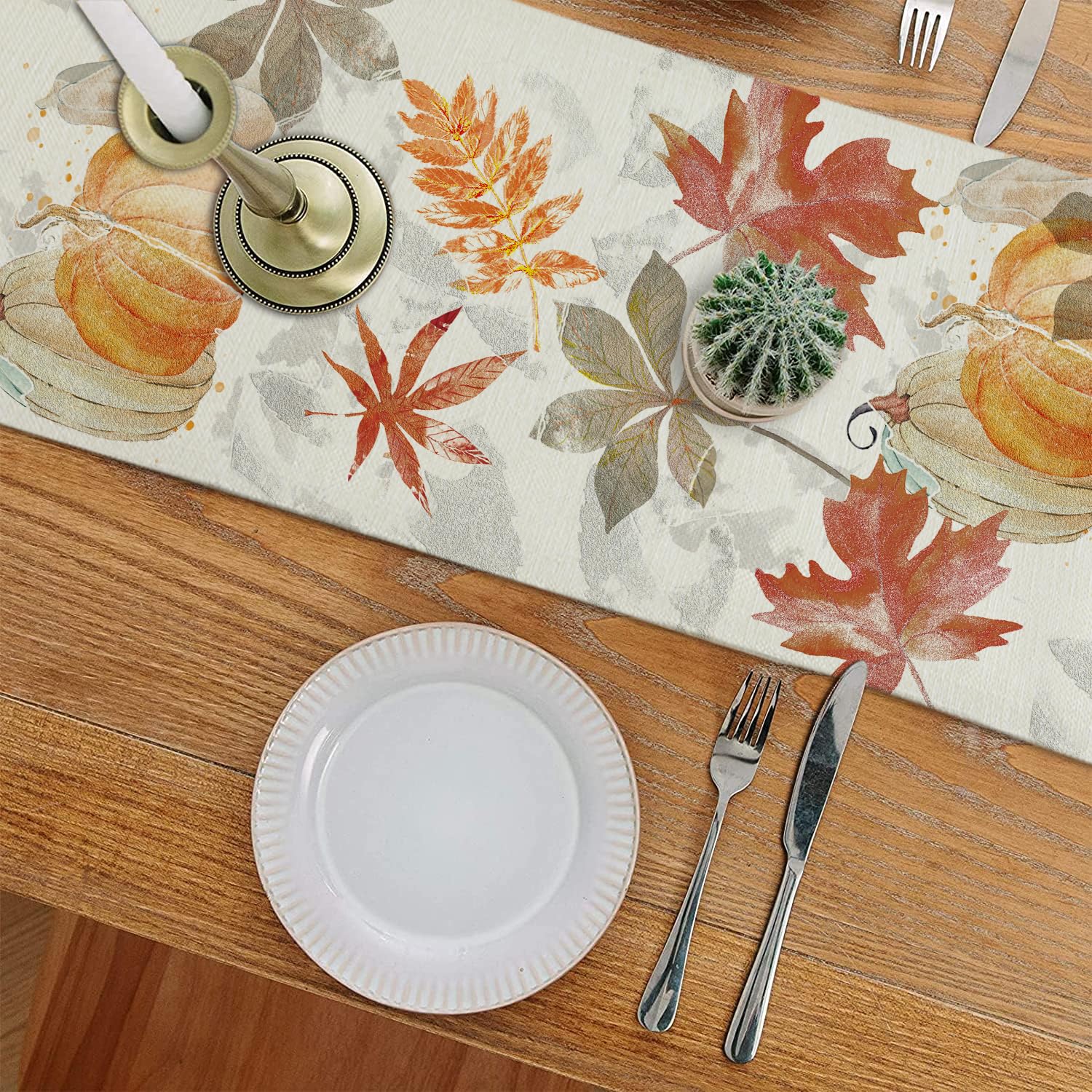 Fall Table Runner Pumpkin Maple Leaf Watercolor Vintage Table Runners Seasonal Autumn Thanksgiving Harvest Home Kitchen Dining Party Decorations 13x72 Inch