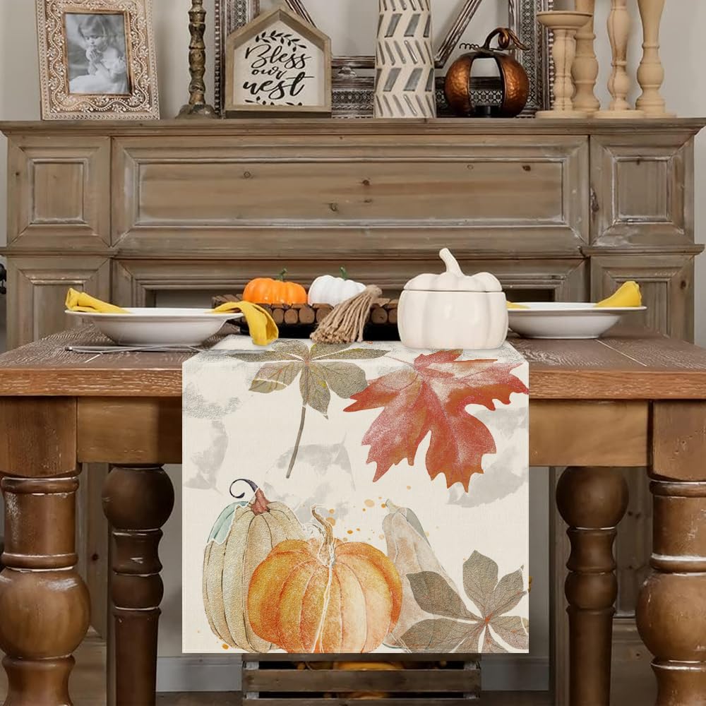 Fall Table Runner Pumpkin Maple Leaf Watercolor Vintage Table Runners Seasonal Autumn Thanksgiving Harvest Home Kitchen Dining Party Decorations 13x72 Inch