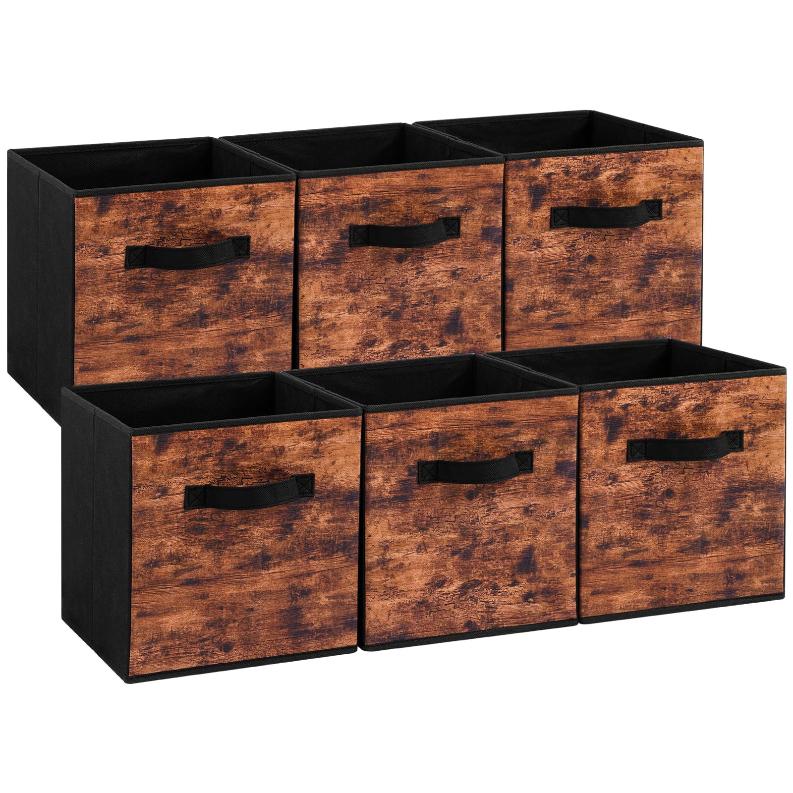 Stero Fabric Storage Cubes, 6 Pack Foldable Storage Bins with Handle, 11 Inch Storage Baskets Box for Shelves, Closet, Organizer, Rustic Brown and Black