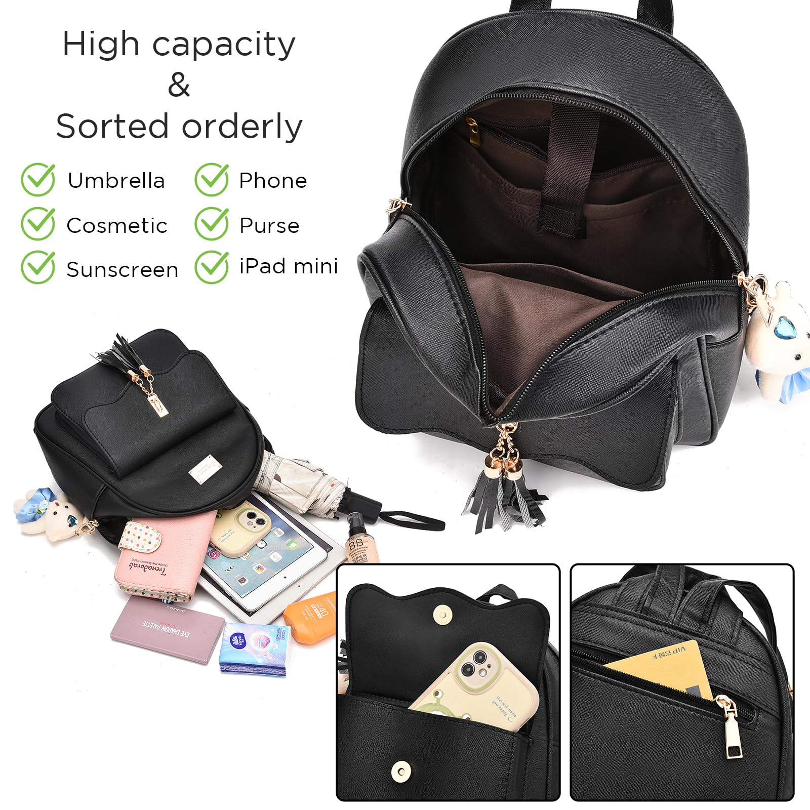 I IHAYNER Mini Backpack for Women Gifts, Cute Small Backack for Women Fashion Travel Daypacks, Mini Backpack for Women (3 Pcs, Black)