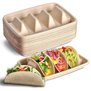 kzeirm 24pcs disposable taco holders for party, premium paper taco plates with dividers, fiesta taco tray holder, taco stands for 3 tacos, taco tuesday lazy susan taco bar serving set for a party