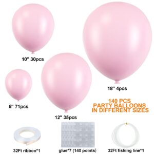 140Pcs Pastel Pink Balloons Baby Pink Balloon Garland Arch Kit 5/10/12/18 Inch Latex Pink Balloons Different Sizes as Gender Reveal Baby Shower Birthday Wedding Valentine's Day Party Decorations