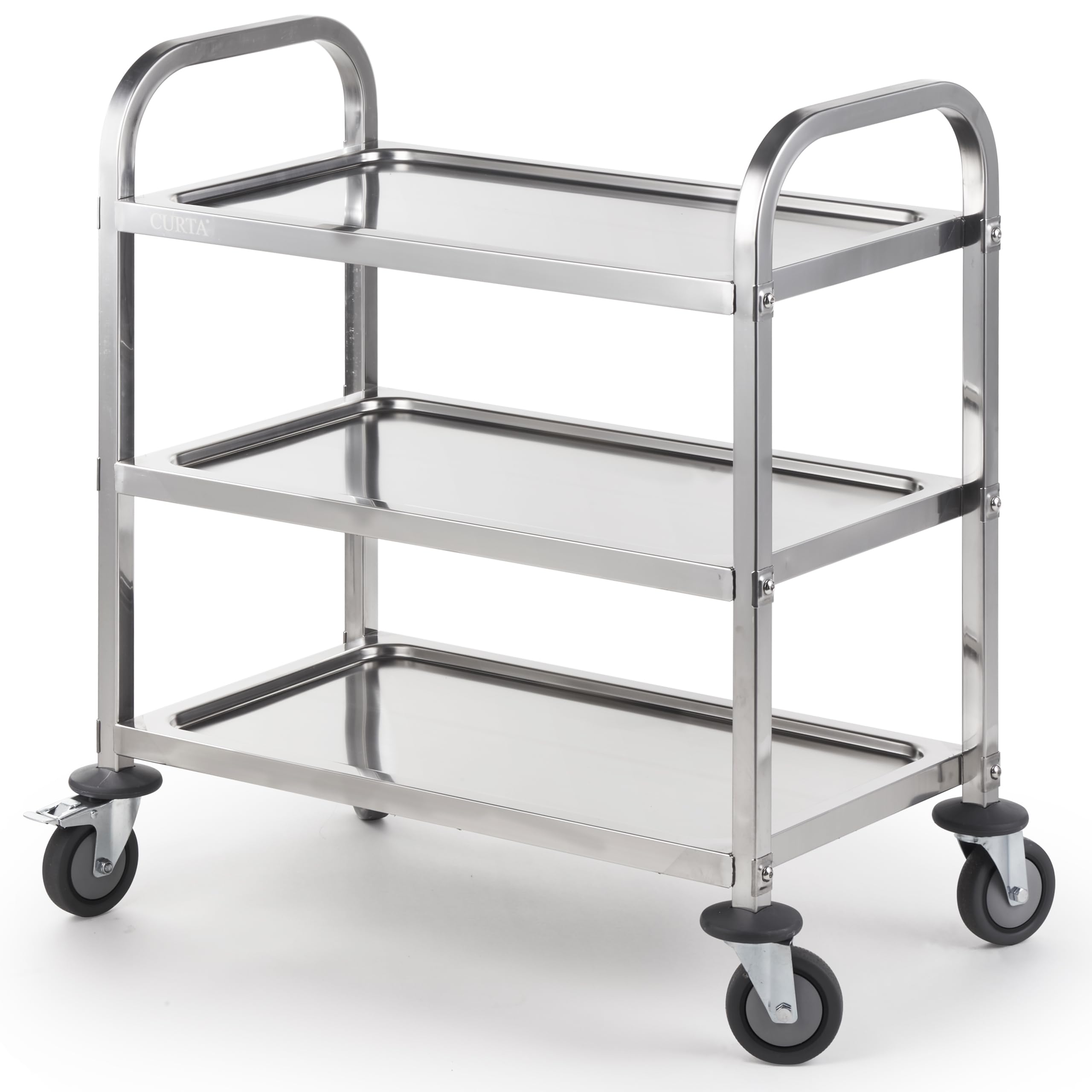 CURTA Stainless Steel Serving Trolley, 30" L x 16" W x 33" H 3 Tiered Shelf Kitchen Utility Cart, Rolling Casters Brake Wheel, Commercial Pro for Restaurant/Hotel/Lab/Clinic/Salon/Workshop