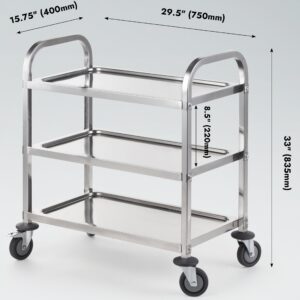 CURTA Stainless Steel Serving Trolley, 30" L x 16" W x 33" H 3 Tiered Shelf Kitchen Utility Cart, Rolling Casters Brake Wheel, Commercial Pro for Restaurant/Hotel/Lab/Clinic/Salon/Workshop