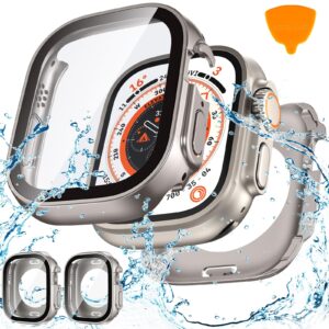 2pack goton waterproof case for apple watch ultra 2 / ultra screen protector 49mm, 360 protective glass face cover + back bumper for iwatch ultra2 accessories 49 mm titanium