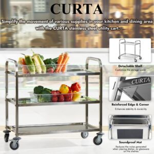 CURTA Stainless Steel Serving Trolley, 30" L x 16" W x 33" H 3 Tiered Shelf Kitchen Utility Cart, Rolling Casters Brake Wheel, Commercial Pro for Restaurant/Hotel/Lab/Clinic/Salon/Workshop