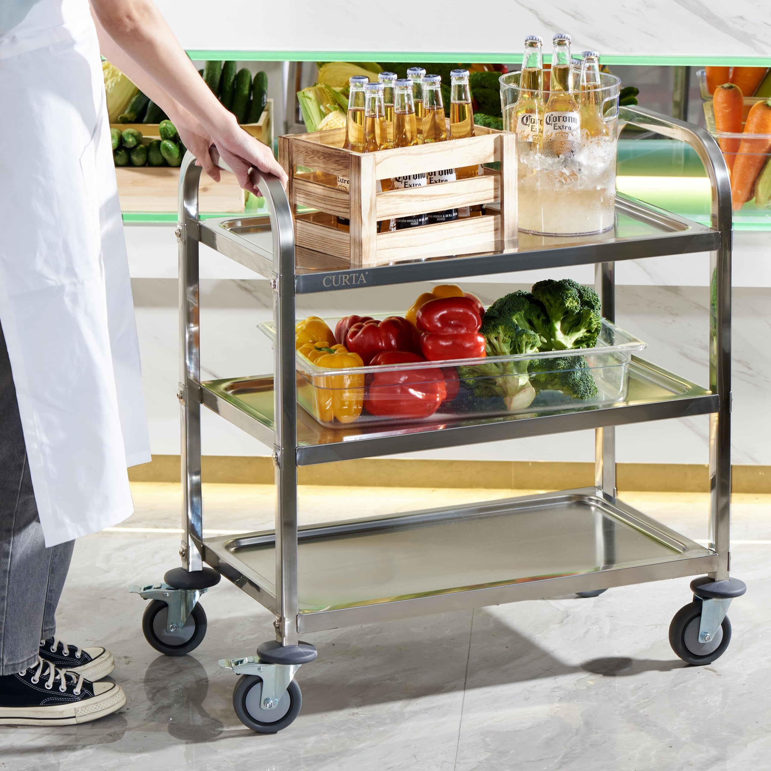 CURTA Stainless Steel Serving Trolley, 30" L x 16" W x 33" H 3 Tiered Shelf Kitchen Utility Cart, Rolling Casters Brake Wheel, Commercial Pro for Restaurant/Hotel/Lab/Clinic/Salon/Workshop