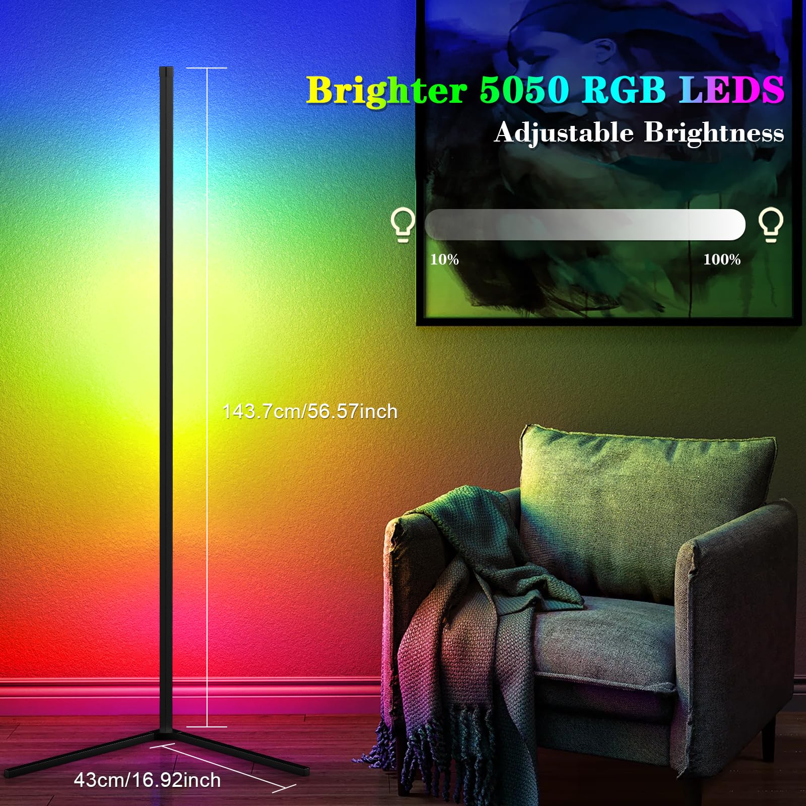 Fntek 2 Pack RGB Corner Floor Lamp, 56" Color Changing Led Corner Lamp with Remote, Music Sync& Timing, Dimmable Modern Mood Lighting RGB Floor Lamp for Bedroom Living Room Gaming Room