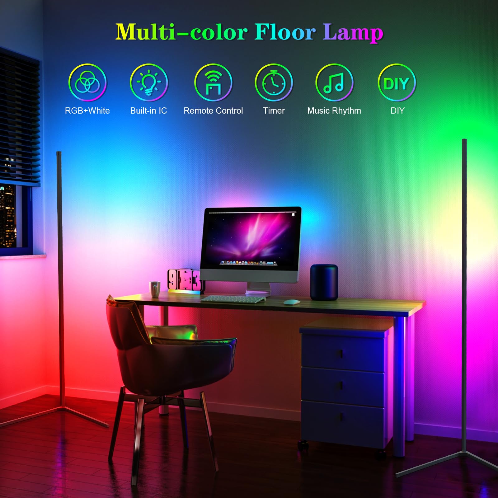 Fntek 2 Pack RGB Corner Floor Lamp, 56" Color Changing Led Corner Lamp with Remote, Music Sync& Timing, Dimmable Modern Mood Lighting RGB Floor Lamp for Bedroom Living Room Gaming Room