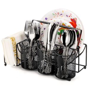 mezchi metal utensil caddy with 5 compartments, black mesh silverware caddy organizer, flatware storage holder for napkins, plates, party, camping, picnic, buffet, rv, bbq, kitchen, countertop