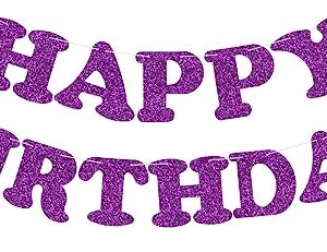 Purple Happy Birthday Banner - NO DIY -Purple Glitter Birthday Party Banner - Pre-Strung -Purple Birthday Garland Ready to Use Purple Birthday Party Decorations & Decor