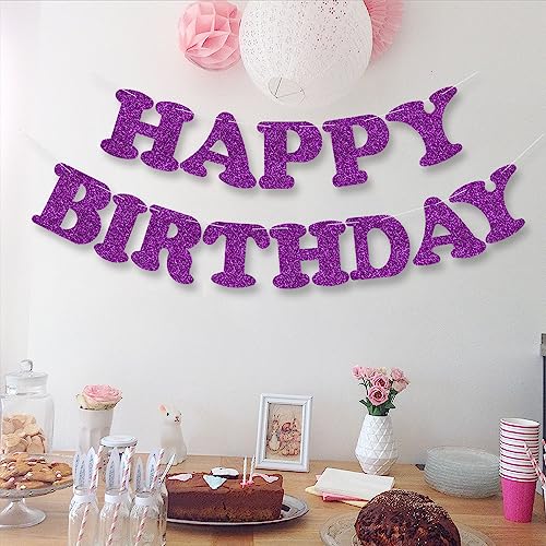 Purple Happy Birthday Banner - NO DIY -Purple Glitter Birthday Party Banner - Pre-Strung -Purple Birthday Garland Ready to Use Purple Birthday Party Decorations & Decor