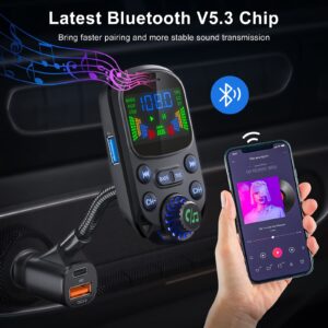 Bluetooth 5.3 FM Transmitter for Car- SOARUN Bluetooth Car Adapter PD30W & USB Port Fast Charge - HiFi Treble & Bass Player - 1.6" Display Hands-Free Calling - Car Radio with AUX Input/Output, TF Card