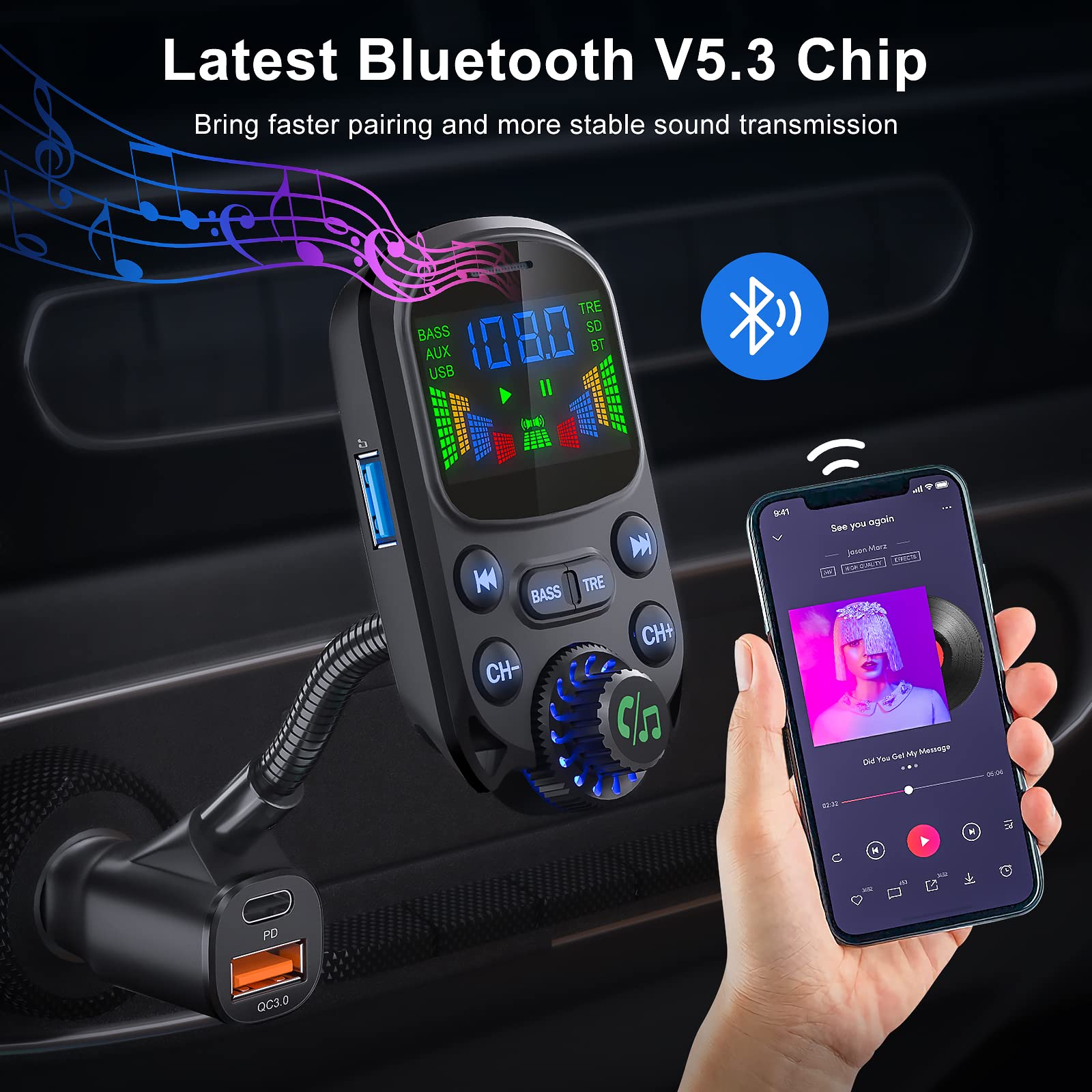 Bluetooth 5.3 FM Transmitter for Car- SOARUN Bluetooth Car Adapter PD30W & USB Port Fast Charge - HiFi Treble & Bass Player - 1.6" Display Hands-Free Calling - Car Radio with AUX Input/Output, TF Card