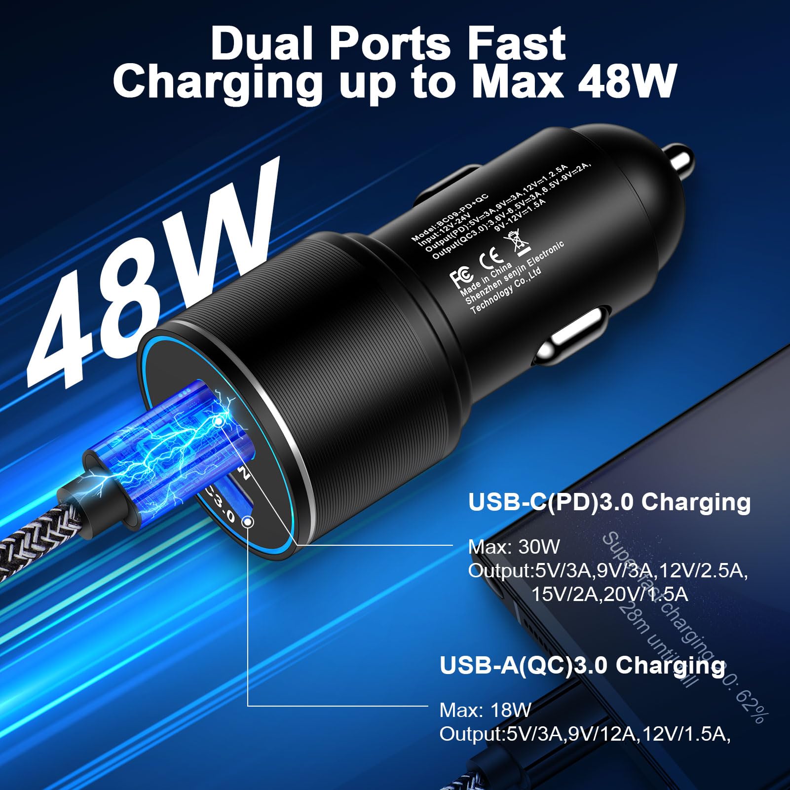 Fast Car Charger 48W USB C Car Cigarette Lighter Plug Android Phone Car Adapter C to C Type Fast Charging Cable for Google Pixel 8 7 Pro 7a 7 6,Samsung Galaxy S23 S22 S10 A14 5G A34,iPhone 15