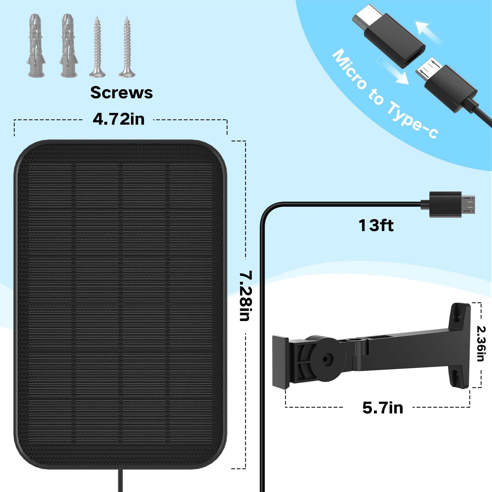 VIRTAVO Solar Panel Compatible with VIRTAVO Cam, Waterproof Solar Charger, Security Certified Continuous Power Supply,with 13ft Cable Micro USB Port & Type-C Adapter,360° Adjustable Bracket