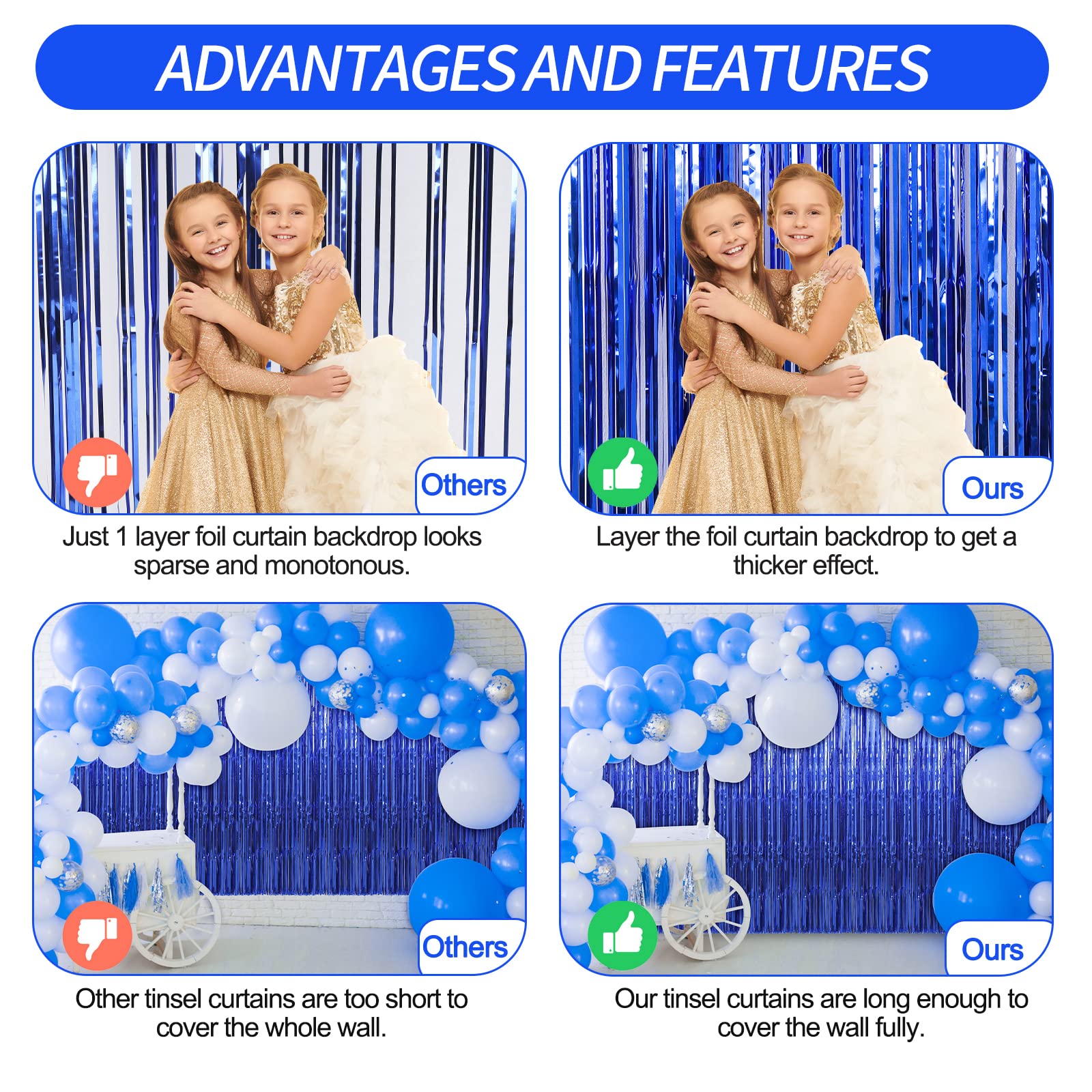 Crosize 2 Pack 3.3 x 9.9 ft Foil Fringe Curtains Party Decorations, Blue Tinsel Curtain Backdrop for Parties, Door Streamers, Glitter Streamer Fringe Backdrop for Birthday Decoration (Dark Blue)