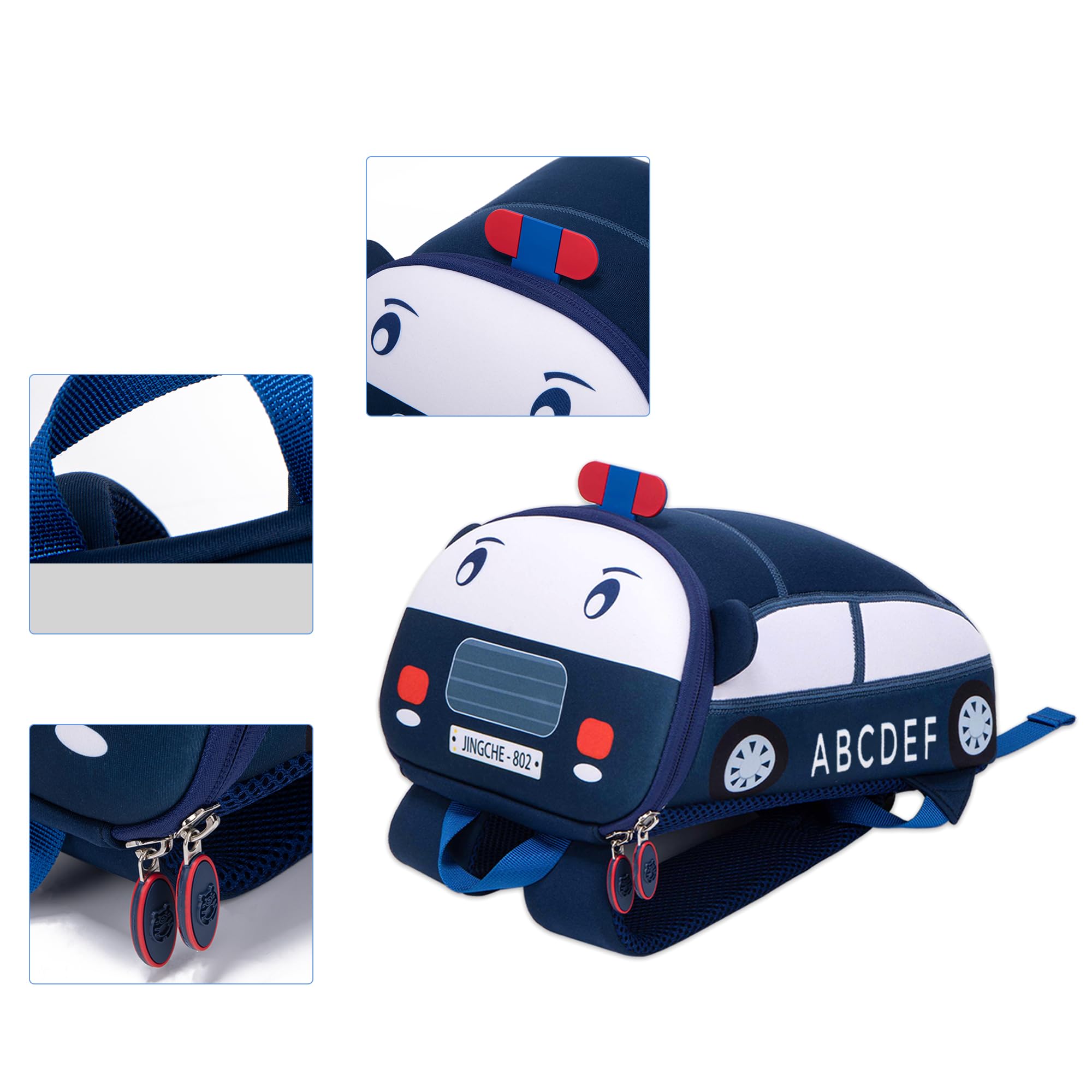 JIHUBEAR Cute Car Shape Toddlers Backpack with Lesh for 3-6 Year Old Boys and Girls Shoulder Bag Police Car