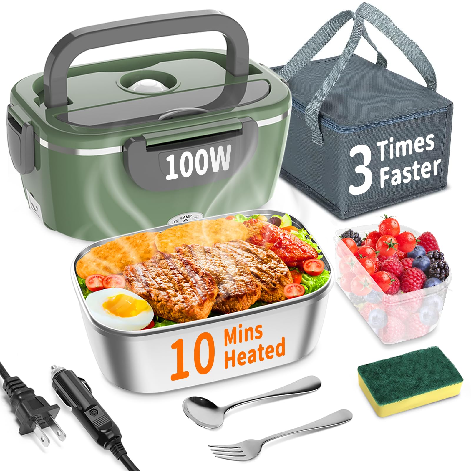 IFENROL Electric Heated Lunch Box 100W - 3-IN-1 Fast Heating Lunch Boxes Portable Food Heater for Adults,12V/24V/110V 1.5L Lunch Box with Leak-Proof Lid for Car Truck Office (3 Times Faster)