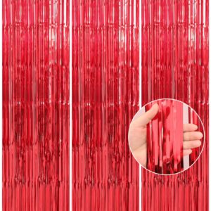 crosize 2 pack 3.3 x 9.9 ft foil fringe curtains party decorations, red tinsel curtain backdrop for parties, door streamers, glitter streamer fringe backdrop for birthday decoration (red)