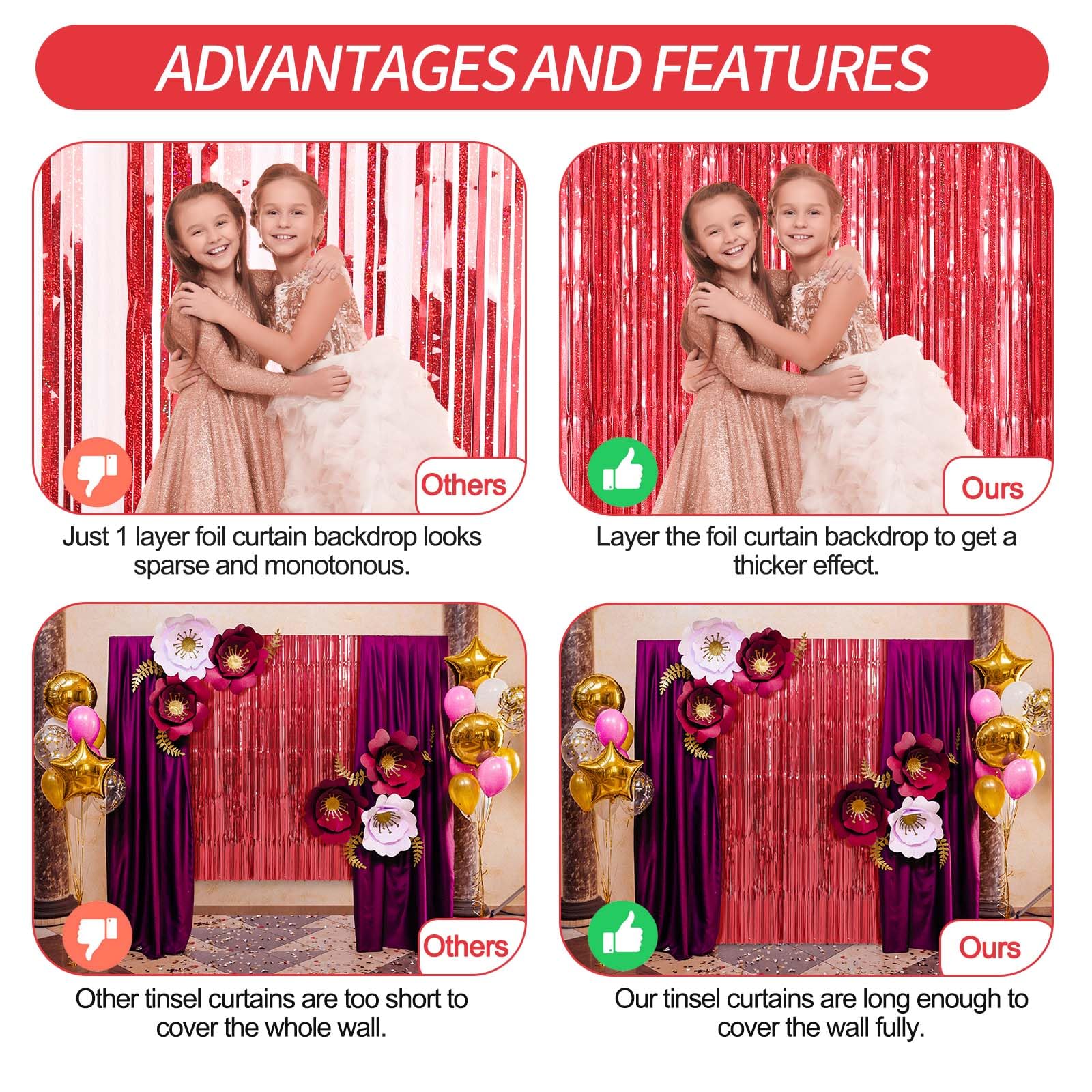 Crosize 2 Pack 3.3 x 9.9 ft Foil Fringe Curtains Party Decorations, Red Tinsel Curtain Backdrop for Parties, Door Streamers, Glitter Streamer Fringe Backdrop for Birthday Decoration (Red)