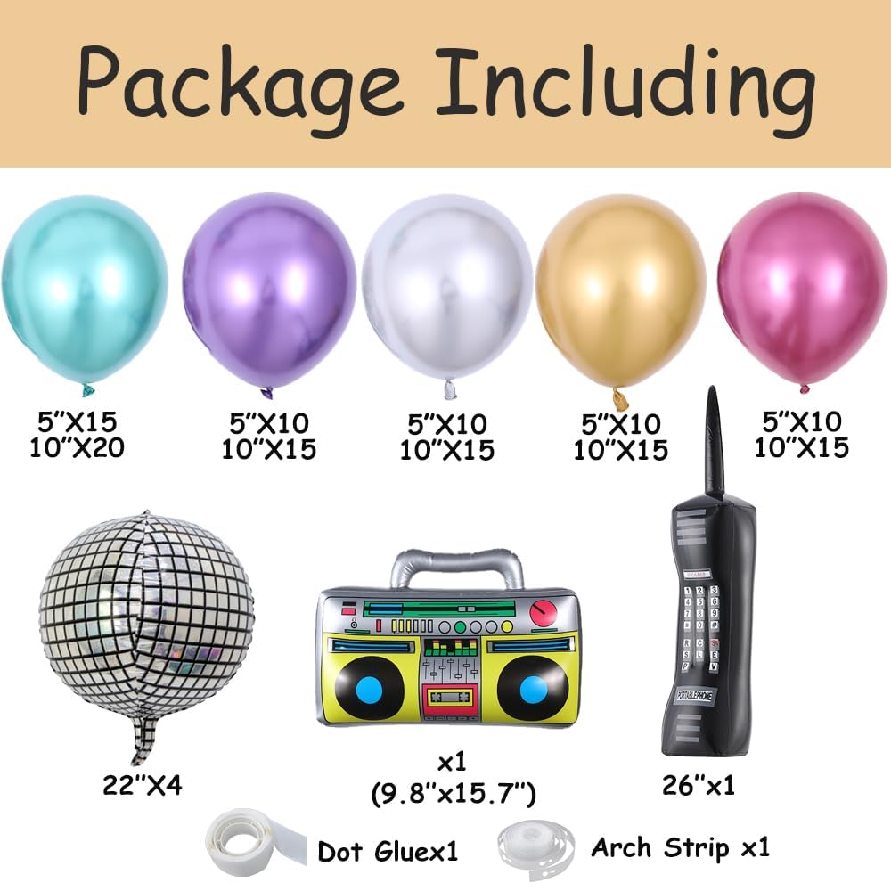 80s 90s Party Decorations 141PCS Disco Ball Balloon Garland Arch Kit with Metallic Gold Silver Balloons Radio Microphone Inflatable for 90s 80s Theme Birthday Party Decorations