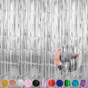 crosize 4 pack 3.3 x 8.2 ft foil fringe curtains party decorations, silver tinsel curtain backdrop for parties, door streamers, glitter streamer fringe backdrop for birthday decoration (silver)